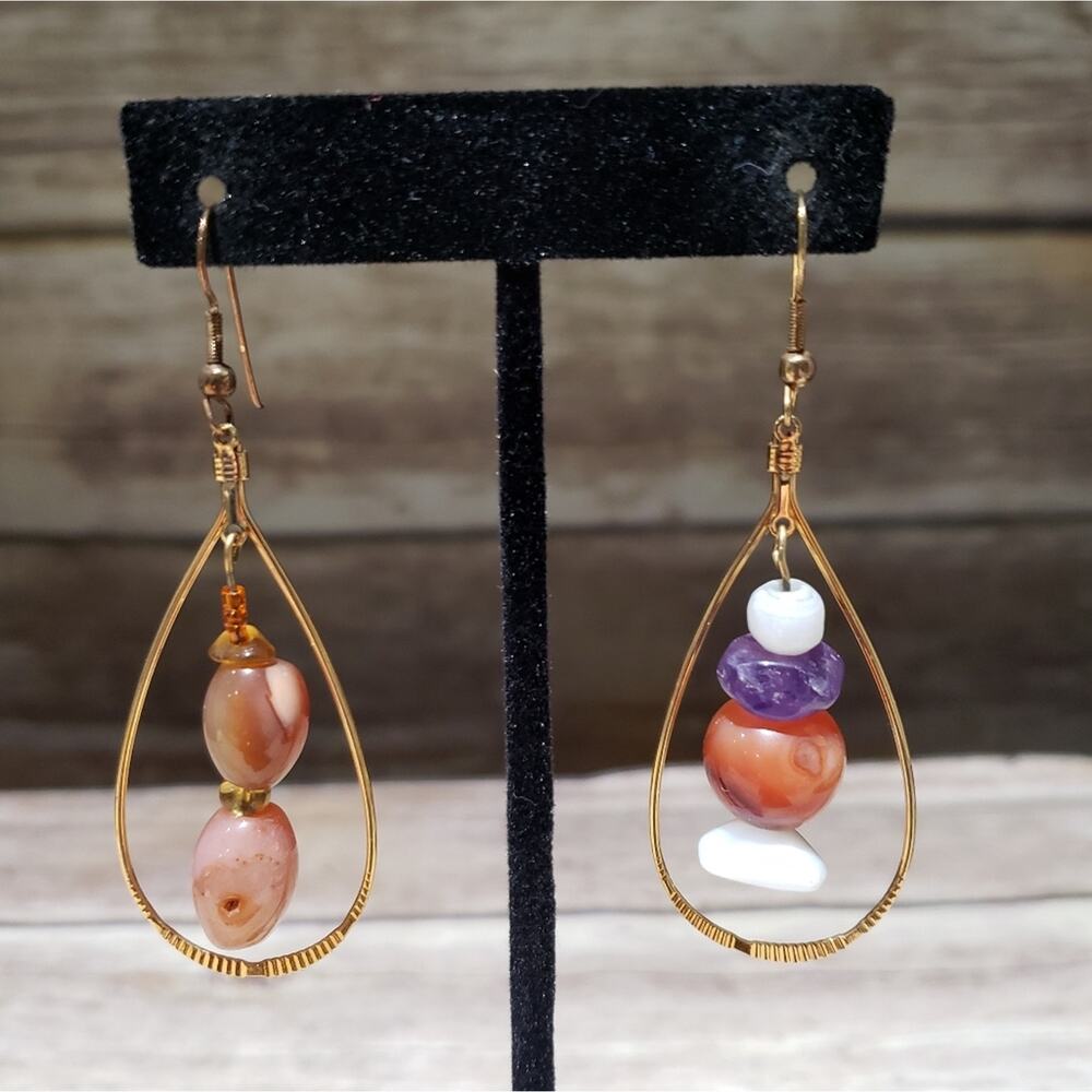 Vintage Earrings Dangle Polished Stone